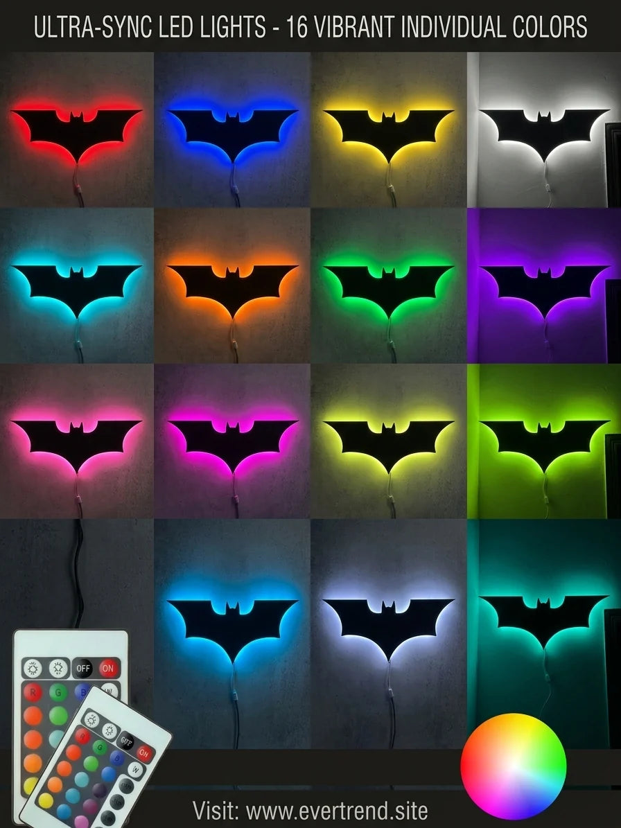 Black Batman logo LED wall decoration featuring a spider emblem, illuminated with vibrant RGB lighting for a striking display.