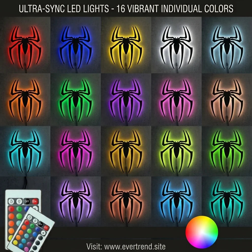 Black Spider Logo LED wall decoration by Evertrend, illuminated with vibrant RGB lights, perfect for modern spooky decor.