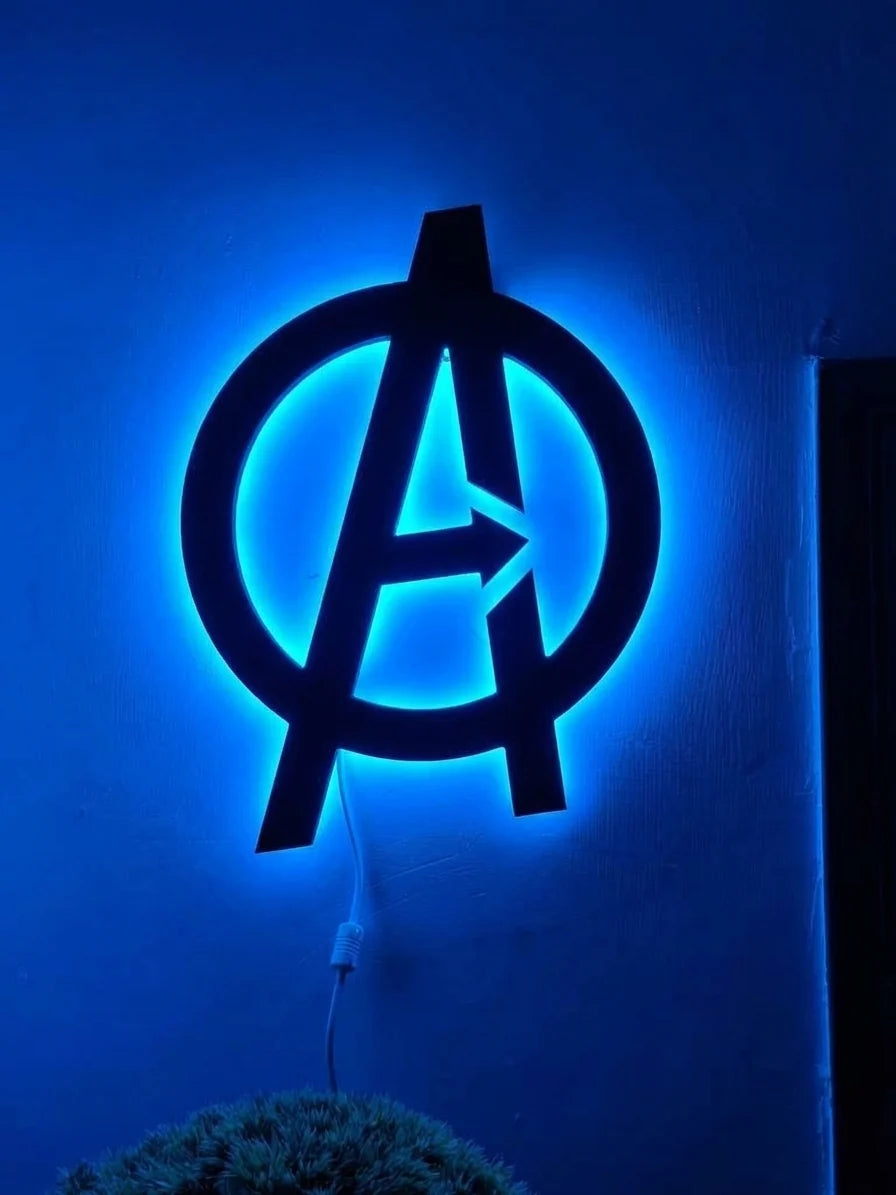Black Spider Logo LED wall decoration by Evertrend featuring a blue Avengers logo illuminated on a sleek black background.