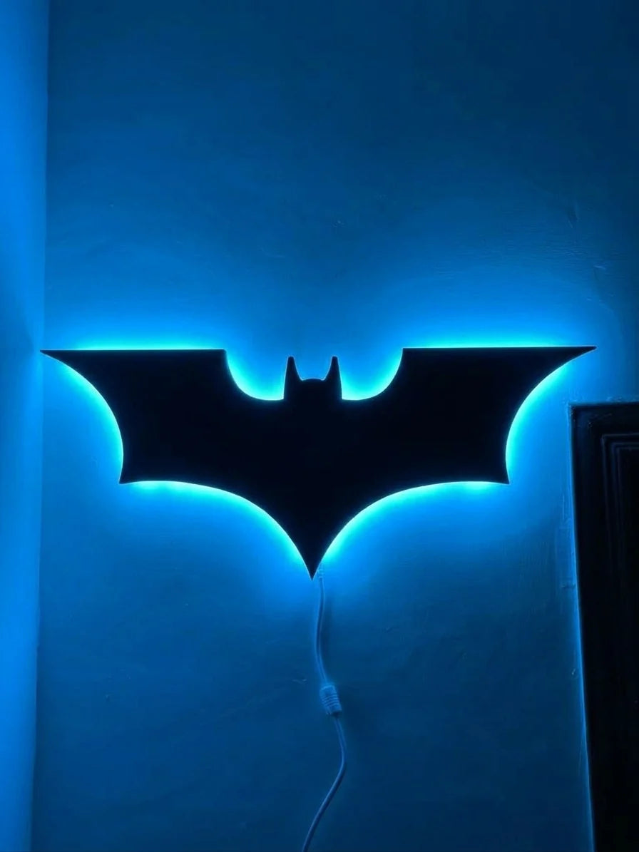 Black Batman logo LED wall decoration featuring the iconic spider emblem, illuminated for a striking room accent.