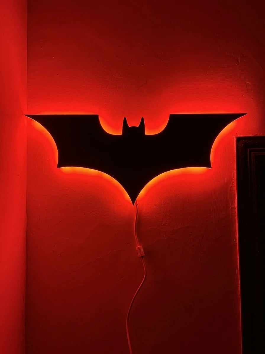 Black Spider Logo LED wall decoration by Evertrend featuring a Batman logo illuminated for a striking room display.