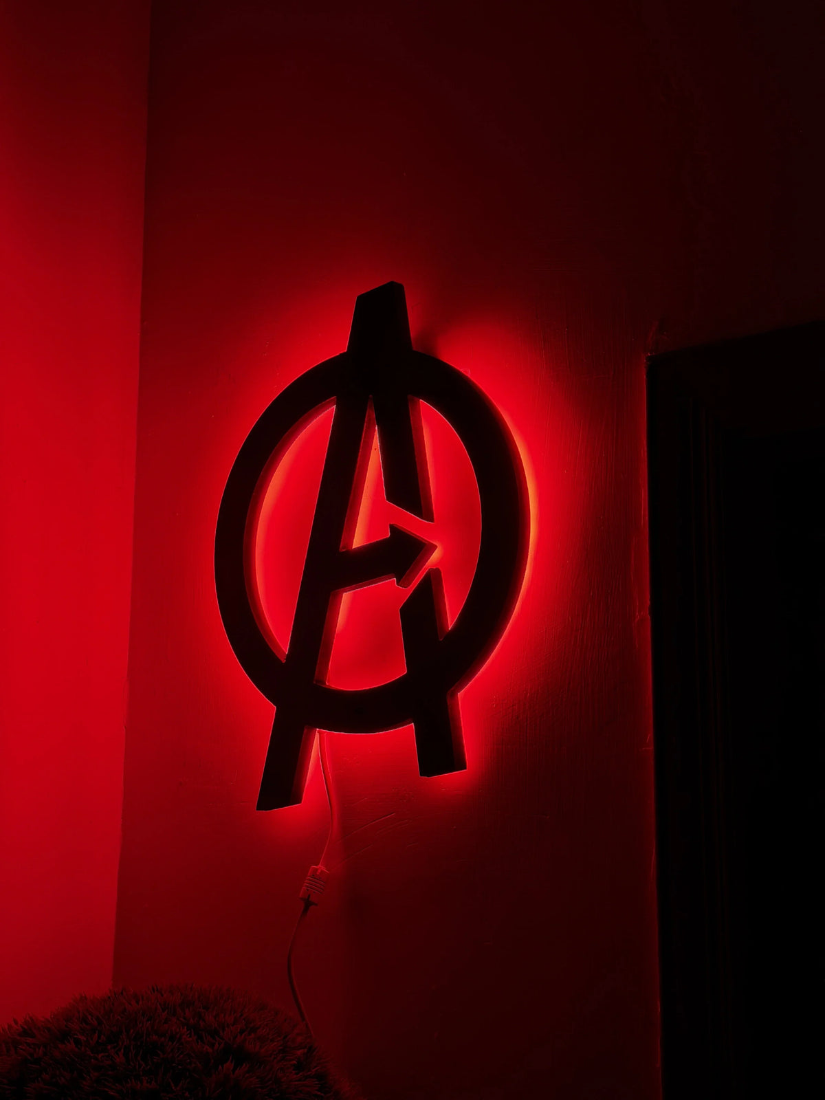 Black Spider Avengers logo LED wall decoration by Evertrend, illuminated wall art featuring the iconic Marvel superhero emblem.