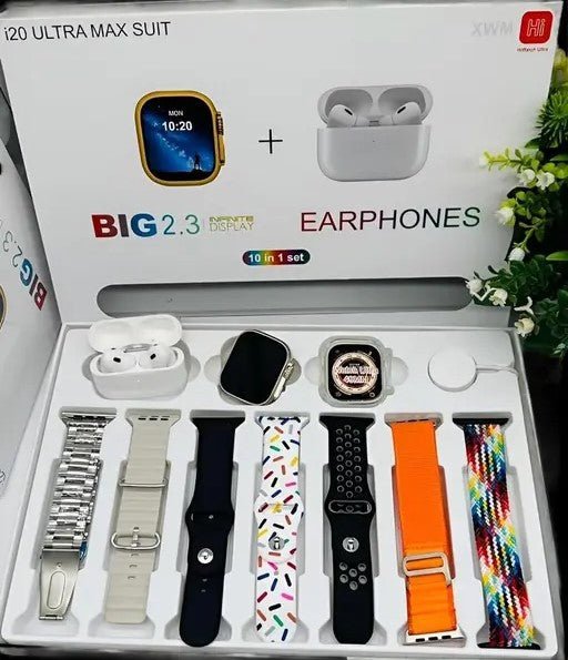 I20 Ultra Max Suit Smartwatch, 10 in 1 Set with AirPods 2, 2.3 - Inch Display - ELLORA TECH